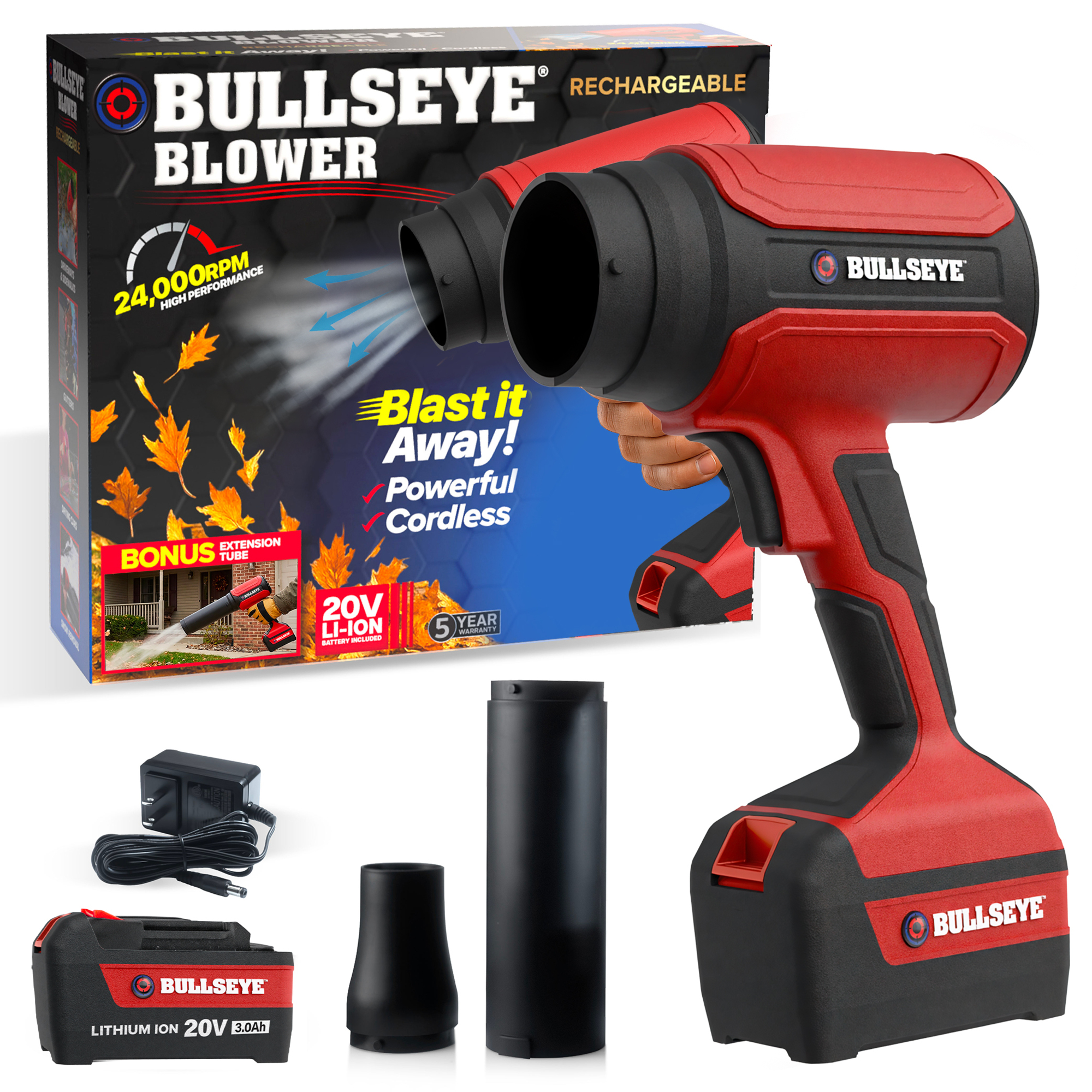 Bullseye Blower – Cordless Leaf Blower, Handheld Turbo Jet with 1 Batteries, 20V 350W Electric Air Power for Patio, Garage Cleaning and Car Drying – As Seen on TV